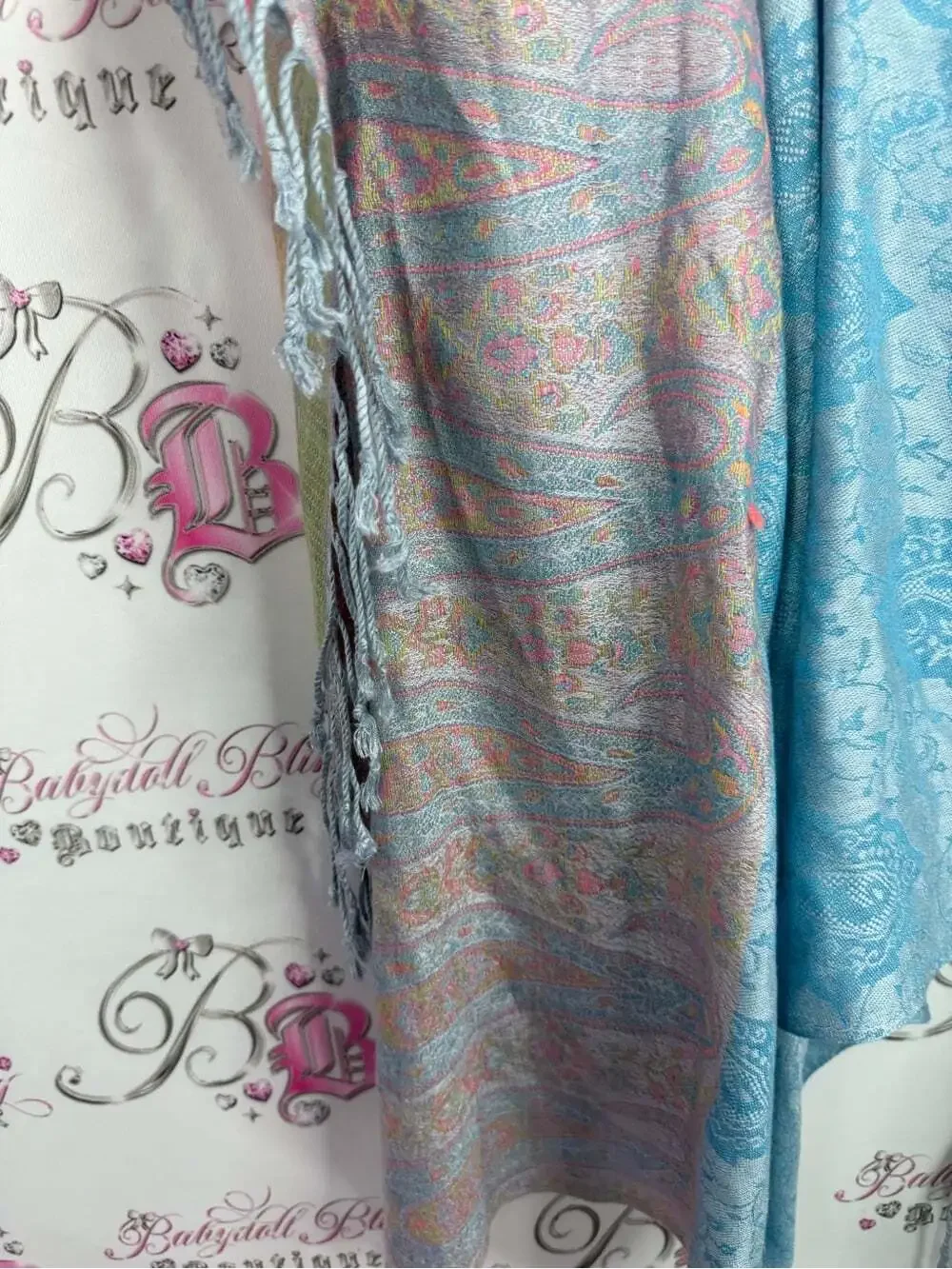 Scarf Light Blue Paisley Woven Wrap with Pastel Trim